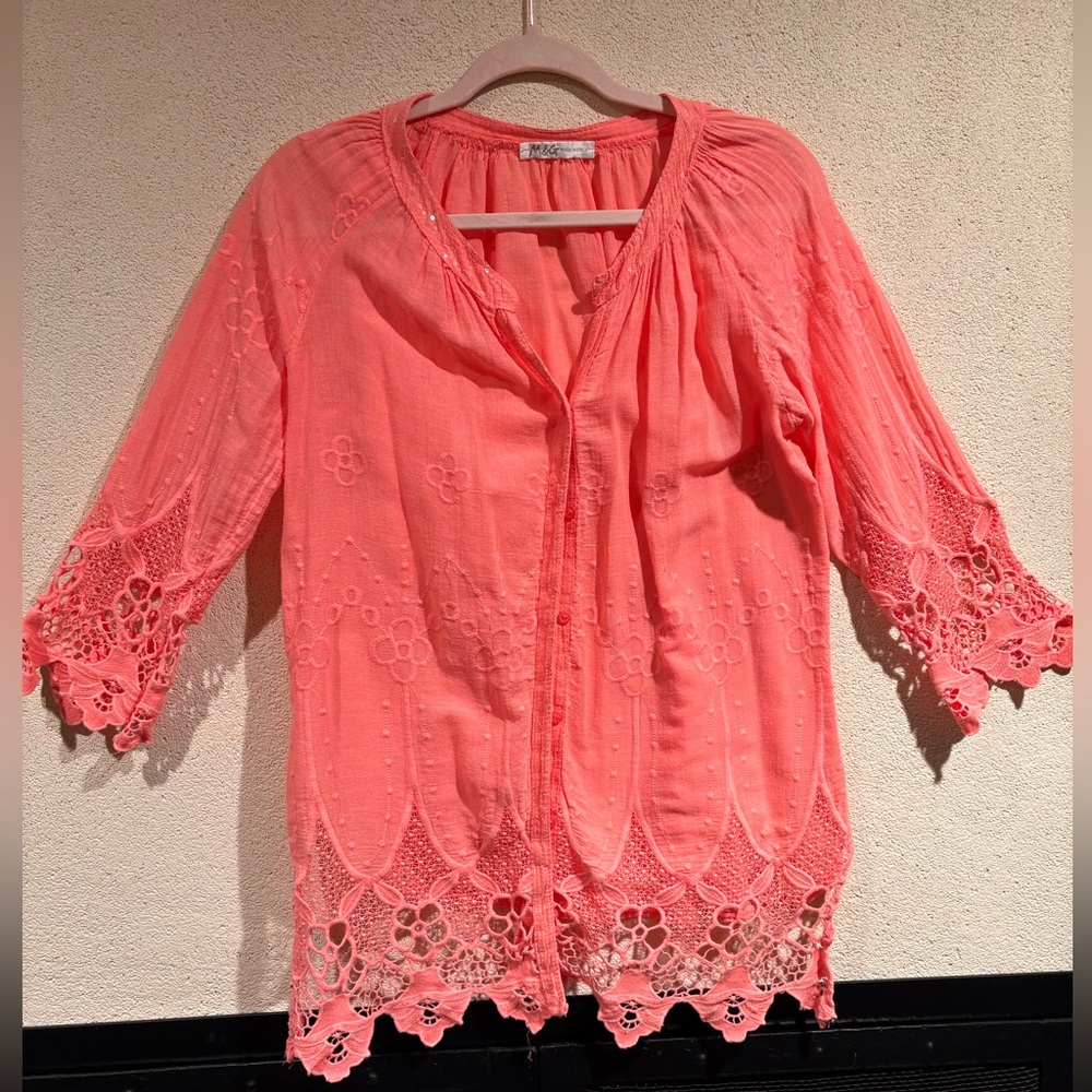 STUNNING Coral Lace Trim Blouse